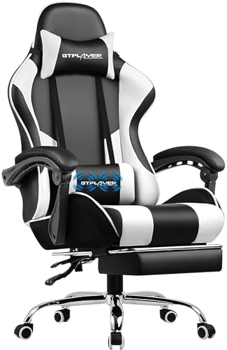 GTPLAYER Gaming Chair, Computer Chair with Footrest and Lumbar Support, Height Adjustable Game Chair with 360°-Swivel Seat and Headrest and for Office or Gaming (White)
