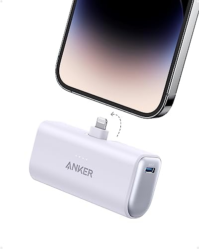 Anker Nano Portable Charger for iPhone, with Built-in MFi Certified Lightning Connector, Power Bank 5,000mAh 12W, Compatible with iPhone 14/14 Pro / 14 Plus, iPhone 13 and 12 Series (Purple)
