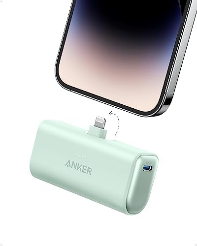 Anker Nano Portable Charger for iPhone, with Built-in MFi Certified Lightning Connector, Power Bank 5,000mAh 12W, Compatible with iPhone 14/14 Pro / 14 Plus, iPhone 13 and 12 Series (Green)