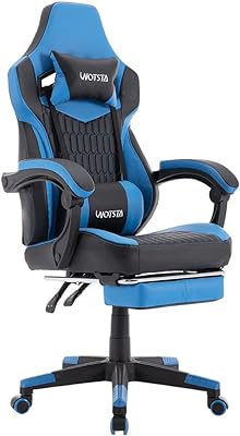 WOTSTA Gaming Chair with Footrest, Gaming Chairs PVC Leather Ergonomic Office Gamer Chair Headrest Lumbar Support Racing Style Video Gaming Chair for Office (Black Blue)