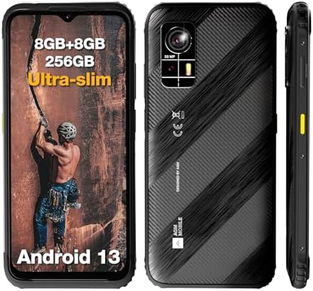 AGM H6 Rugged Smartphone, Ultra-thin & Light, 4G Rugged Cell Phone, Waterproof, Android 13, Unisoc T606, 6.56-inch IPS HD+ 90Hz Display, 16GB RAM (8+8) + 256GB ROM, NFC, GPS, Face & Fingerprint Unlock
