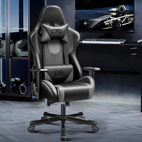 OneGame Gaming Chair Ergonomic, Racing Style PU Leather Game Chair, Adjustable Backrest Swivel Ergonomic Gamer Chair with Lumbar Support, Blackgray