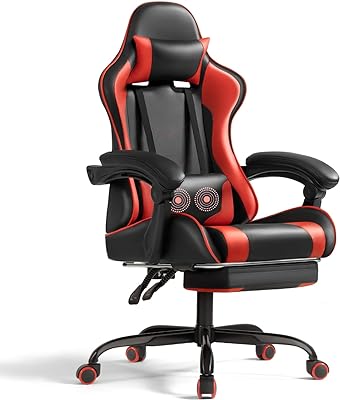 Shahoo Gaming Chair with Footrest and Massage Lumbar Support, Video Racing Seat Height Adjustable with 360°Swivel and Headrest for Office or Bedroom, Red