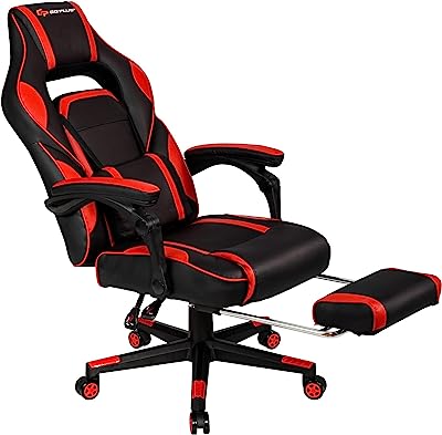 POWERSTONE Gaming Chair Adjustable High Back PU Computer Chair with Footrest Lumbar Support Headrest Thick Armrest Rolling Swivel Desk Chair, Red