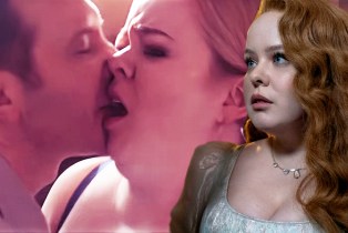 Nicola Coughlan as Penelope in 'Bridgerton' Season 3 in foreground with her 'Big Mood' sex scene as background