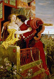 An 1870 oil painting by Ford Madox Brown depicting the balcony scene in Romeo and Juliet