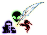 vampire, face of little green man, feather pen (quill) and fire-breathing dragon – to the right of that are scripted words "Speculative (over) Fiction"
