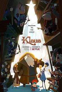 In a corridor between two houses (bearing some resemblance to a Christmas Tree), Klaus holding a large bag of items, Jesper holding a letter, and Alva, and Márgu. The Children are seen holding letters while the adults of the Krum and Ellingboe Clans hold items and exchange taunts. The tagline on top of the film's title reads "Welcome to the Jingle".
