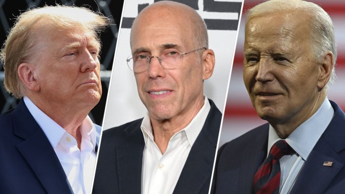 (L-R) Donald Trump, Jeffrey Katzenberg, Joe Biden