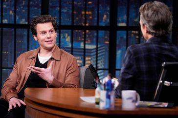 Jonathan Groff during an interview with host Seth Meyers on May 2, 2024