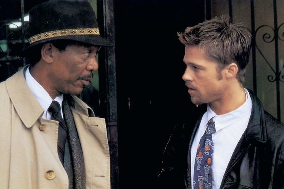 SEVEN, Morgan Freeman, Brad Pitt, 1995, (c) New Line/courtesy Everett Collection