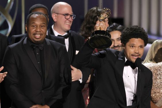 Roy Wood Jr. and Trevor Noah (C) and cast and crew accept the Outstanding Variety Series award for "The Daily Show with Trevor Noah" onstage during the 75th Primetime Emmy Awards at Peacock Theater on January 15, 2024 in Los Angeles, California.