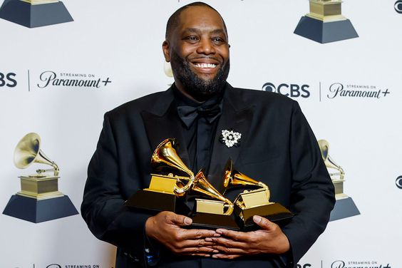 Winner Killer Mike, winner of the "Best Rap Album" award for "Michael", "Best Rap Performance" award for "Scientists & Engineers", and " Best Rap Song" award for "Scientists & Engineers," with trophy, at the 66th Grammy Awards held at the Crypto.com Arena in Los Angeles, CA, Sunday, Feb. 4, 2024.