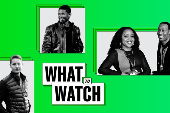 What to Watch Collage of Usher; Quinta Brunson and Tyler James Williams in Abbott Elementary; Justin Hartley in Tracker