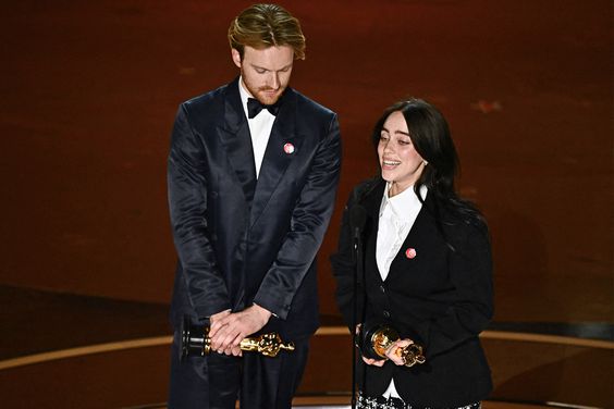 Billie Eilish (R) and US singer-songwriter Finneas O'Connell accept the award for Best Original Song for "What Was I Made For" from "Barbie" onstage during the 96th Annual Academy Awards at the Dolby Theatre in Hollywood, California on March 10, 2024. 