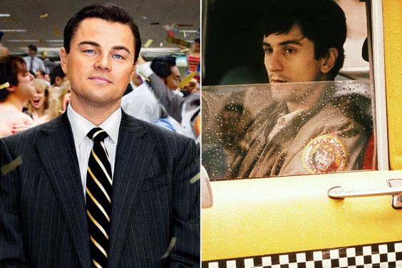 Leonardo DiCaprio in The Wolf of Wall Street, Robert De Niro in Taxi Driver