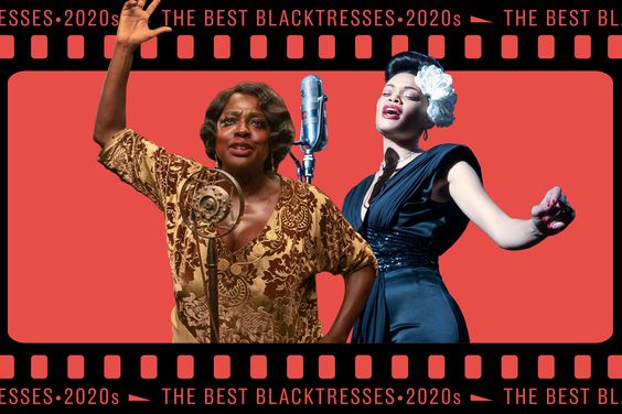 The Best Blacktresses - collage of Viola Davis in Ma Rainey's Black Bottom; Andra Day in The United States vs. Billie Holiday inside film strip
