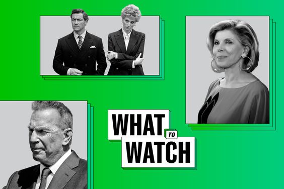 Kevin Costner in Yellowstone, Dominic West and Elizabeth Debicki in The Crown, Christine Baranski in The Good Fight