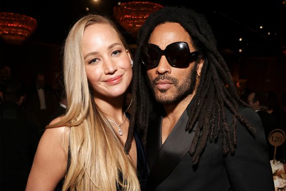 Jennifer Lawrence and Lenny Kravitz at the 81st Annual Golden Globe Awards, airing live from the Beverly Hilton in Beverly Hills, California on Sunday, January 7, 2024, at 8 PM ET/5 PM PT, on CBS and streaming on Paramount+