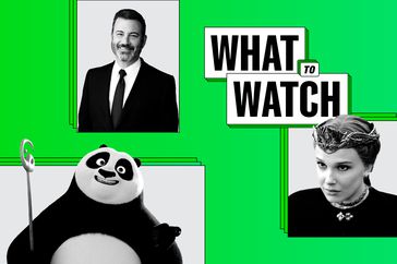 What to watch collage of Jimmy Kimmel, Po from Kung Fu Panda 4 and Millie Bobby Brown in Damsel