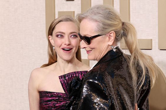 Amanda Seyfried and Meryl Streep attend the 81st Annual Golden Globe Awards at The Beverly Hilton on January 07, 2024 in Beverly Hills, California. (