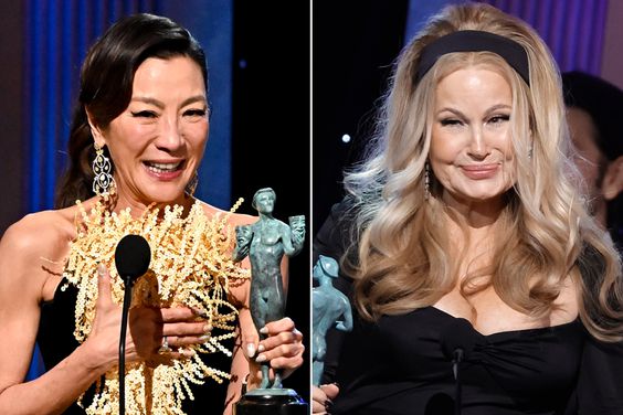 Michelle Yeoh at the 29th Annual Screen Actors Guild Awards; Jennifer Coolidge accepts the Outstanding Performance by a Female Actor in a Drama Series award for The White Lotus onstage during the 29th Annual Screen Actors Guild Awards