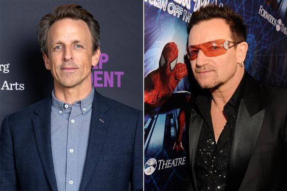 Seth Meyers attends the Film Independent Presents An Evening With...Seth Meyers Moderated By Michael Schur event at the Wallis Annenberg Center for the Performing Arts on April 17, 2023 in Beverly Hills, California., Bono of U2 attends "Spider-Man Turn Off The Dark" Broadway opening night at Foxwoods Theatre on June 14, 2011 in New York City. 