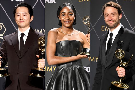 Steven Yeun, Ayo Edebiri and Kieran Culkin in the press room at the 75th Primetime Emmy Awards held at the Peacock Theater on January 15, 2024 in Los Angeles, California.