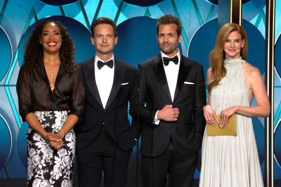 Golden Globes The Cast of Suits Patrick J. Adams, Gabriel Macht, Gina Torres, and Sarah Rafferty
