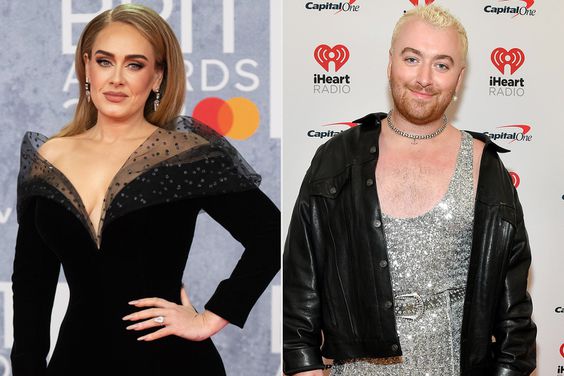 LONDON, ENGLAND - FEBRUARY 08: Adele attends The BRIT Awards 2022 at The O2 Arena on February 08, 2022 in London, England. (Photo by Samir Hussein/WireImage ); ATLANTA, GEORGIA - DECEMBER 15: Sam Smith attends iHeartRadio Power 96.1’s Jingle Ball 2022 Presented by Capital One at State Farm Arena on December 15, 2022 in Atlanta, Georgia. (Photo by Paras Griffin/Getty Images for iHeartRadio)