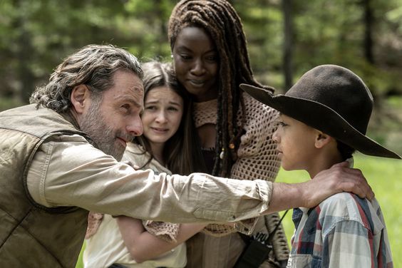 Andrew Lincoln as Rick Grimes, Danai Gurira as Michonne, Cailey Fleming as Judith, Anthony Azor as R.J. on 'The Walking Dead: The Ones Who Live'