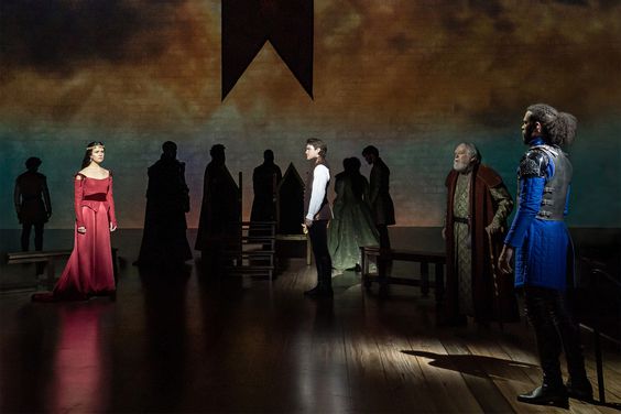 LCT Camelot #1250r3_49 - Phillipa Soo, Andrew Burnap, Dakin Matthews, Jordan Donica, and company in Lincoln Center Theater's production of CAMELOT. Credit to Joan Marcus