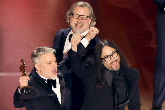 Brad Booker, Dave Mullins and Sean Lennon accept the Best Animated Short Film award for "War Is Over! Inspired by the Music of John and Yoko" onstage during the 96th Annual Academy Awards at Dolby Theatre on March 10, 2024 in Hollywood, California. 